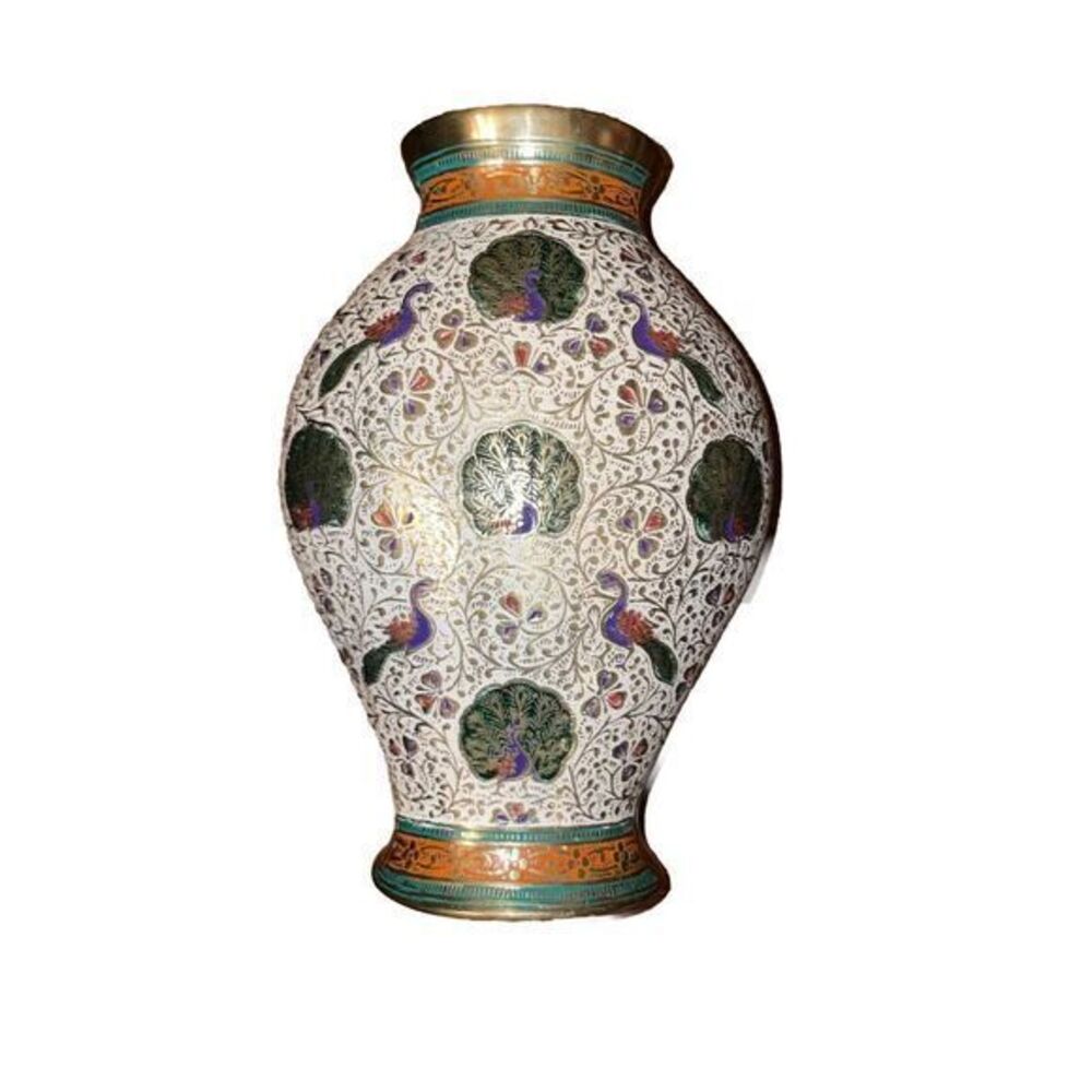 Hand Crafted Heavy Brass Flower‎ Peacocks Vase 7.5"